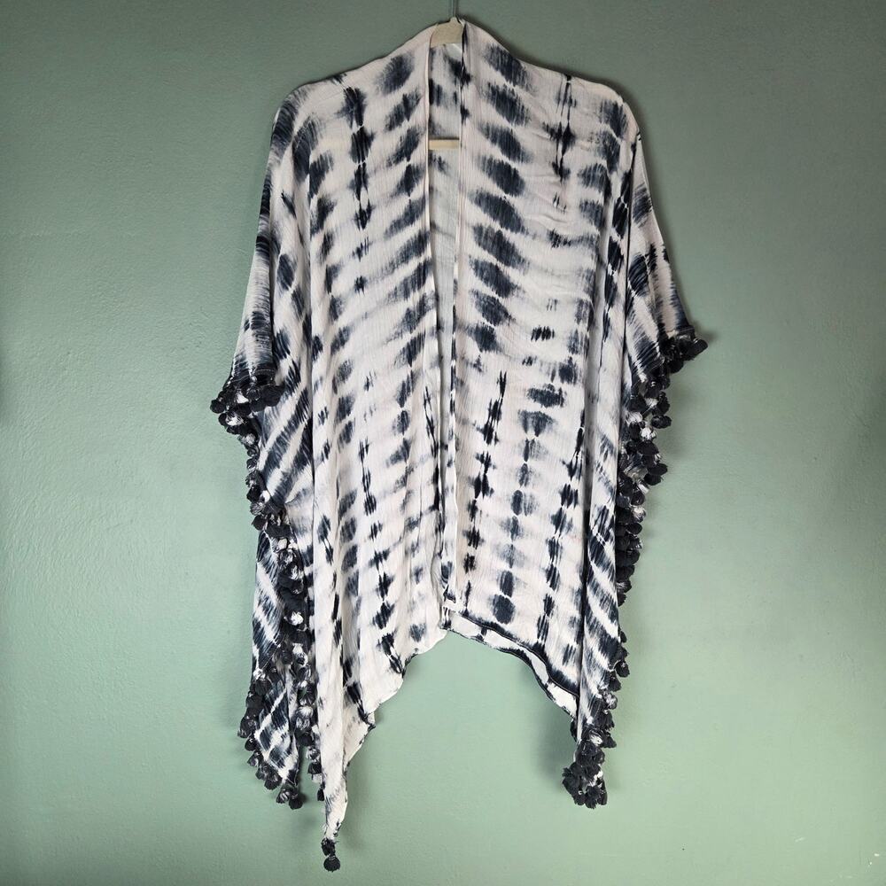 Michael Stars Womens One Size OS Black White Tie Dye Tassel Wrap Beach Coverup